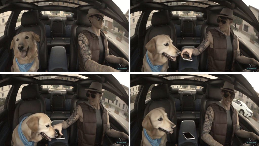 Occupant Activity & Object Interaction – Driver Handling Cell Phone with Pet on Front Passenger Seat (RGB Sensor) - Anyverse InCabin Generated