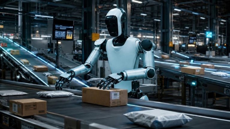 Humanoid robot with optical sensors, LiDAR and cameras on its body, sorting packages on a conveyor belt.