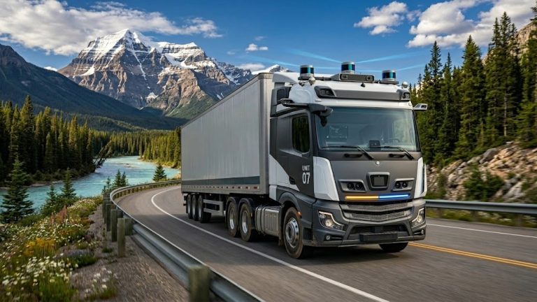 Autonomous self-driving long-haul semi-truck with roof-mounted LiDAR units and sensor arrays, no driver, traveling on a winding mountain highway in the Canadian Rockies in summer