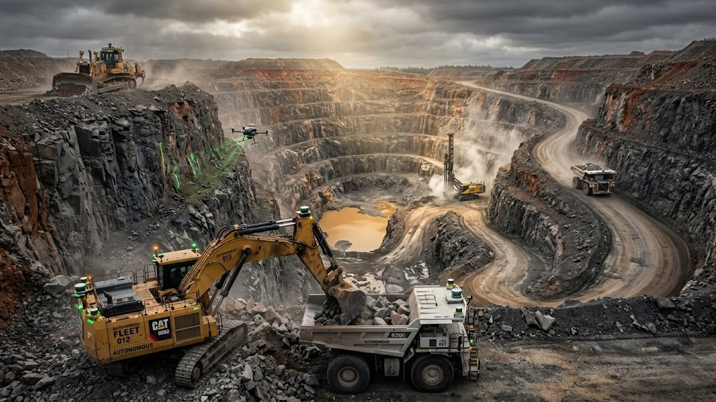 Aerial-perspective shot of a colossal open-pit quarry fully operated by an autonomous fleet of heavy machines.