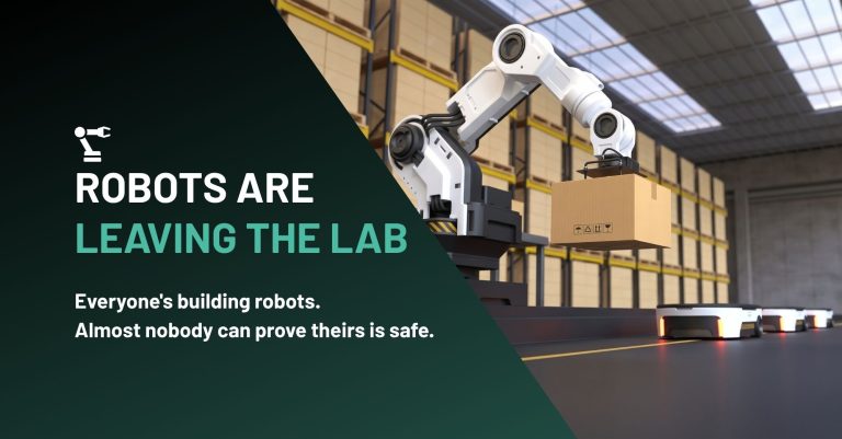 Robotic arm placing a box onto a conveyor in a warehouse, with autonomous mobile robots moving along a marked floor lane behind it.
